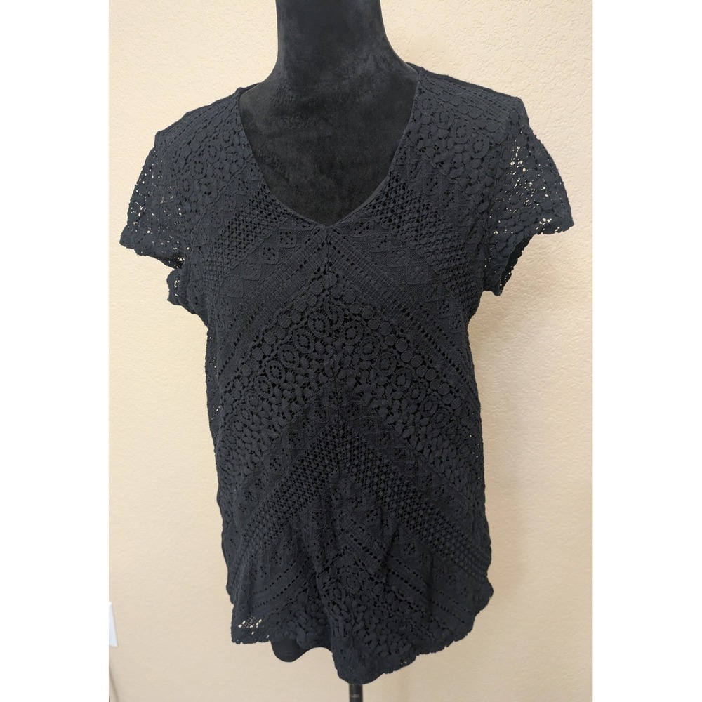 Christopher & Banks Womens Black Crochet Lace Front V-Neck Short Sleeve Top L